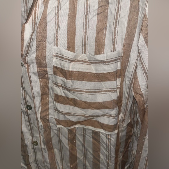 ESQUALO Tan/Gold/White Stripe Blouse-Silk blend Pocket- Buttonup Sleeve-EUC Sz12 - Picture 10 of 11